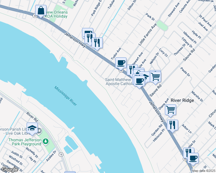 map of restaurants, bars, coffee shops, grocery stores, and more near 10317 Stewart Place in River Ridge