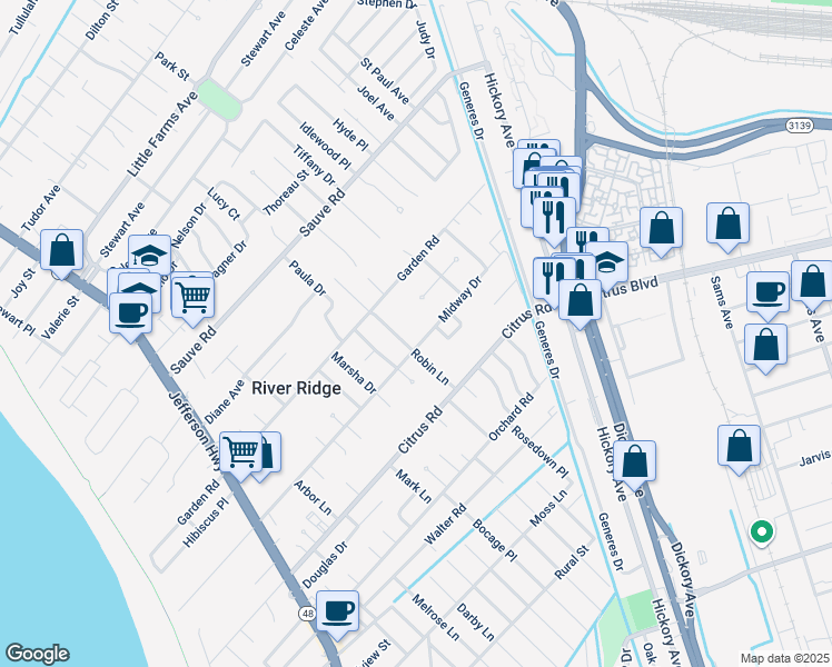 map of restaurants, bars, coffee shops, grocery stores, and more near 9613 Robin Lane in River Ridge
