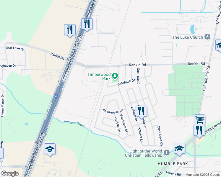 map of restaurants, bars, coffee shops, grocery stores, and more near 7314 Goldfinch Drive in Humble