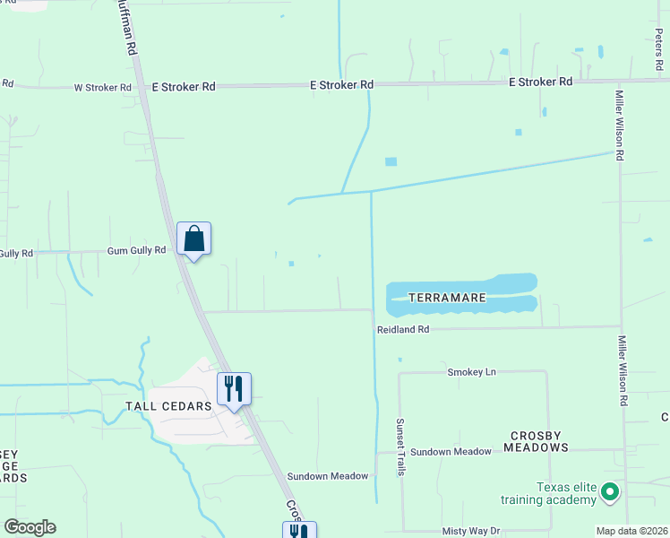 map of restaurants, bars, coffee shops, grocery stores, and more near 611 Reidland Road in Crosby