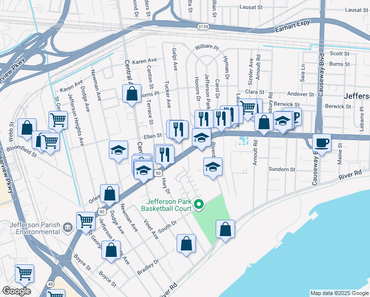 map of restaurants, bars, coffee shops, grocery stores, and more near 1211 Jefferson Highway in Jefferson