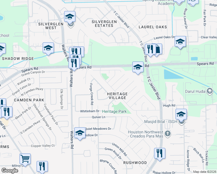 map of restaurants, bars, coffee shops, grocery stores, and more near 12163 Swords Creek Road in Houston