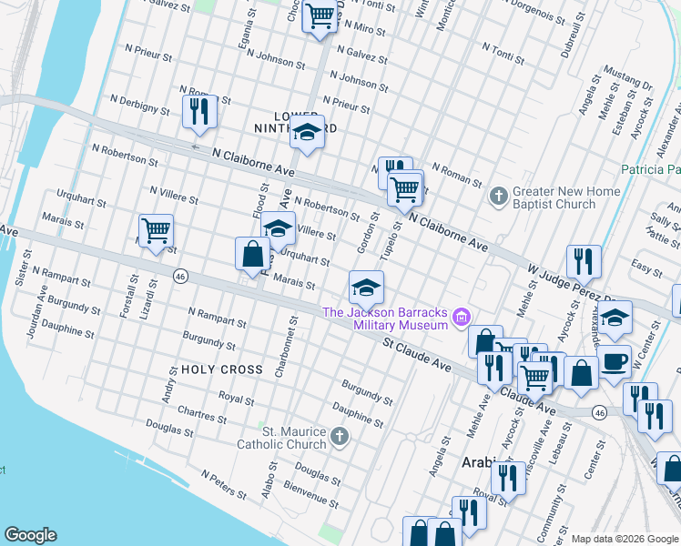 map of restaurants, bars, coffee shops, grocery stores, and more near 1303 Alabo Street in New Orleans