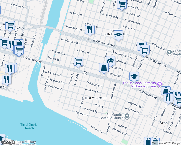 map of restaurants, bars, coffee shops, grocery stores, and more near 5404 Marais Street in New Orleans