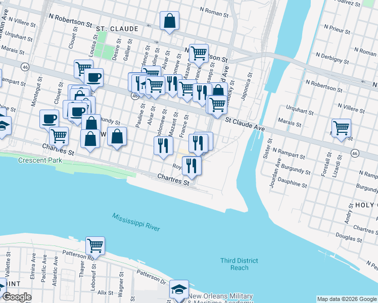 map of restaurants, bars, coffee shops, grocery stores, and more near 4308 Burgundy Street in New Orleans