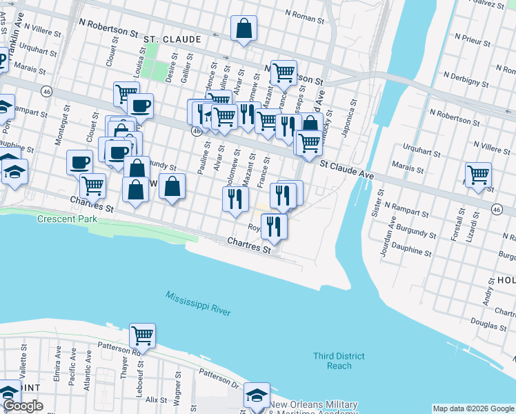 map of restaurants, bars, coffee shops, grocery stores, and more near in New Orleans