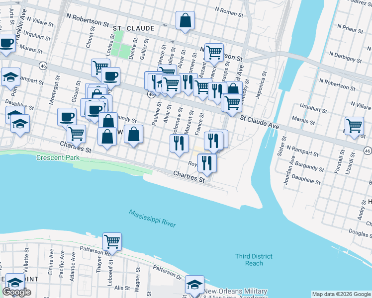 map of restaurants, bars, coffee shops, grocery stores, and more near in New Orleans