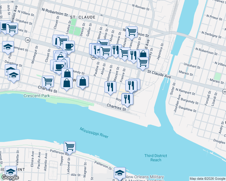 map of restaurants, bars, coffee shops, grocery stores, and more near 4011 Dauphine Street in New Orleans