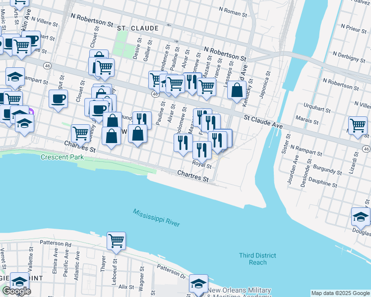 map of restaurants, bars, coffee shops, grocery stores, and more near 4011 Dauphine Street in New Orleans