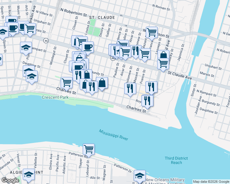 map of restaurants, bars, coffee shops, grocery stores, and more near 3830 Dauphine Street in New Orleans