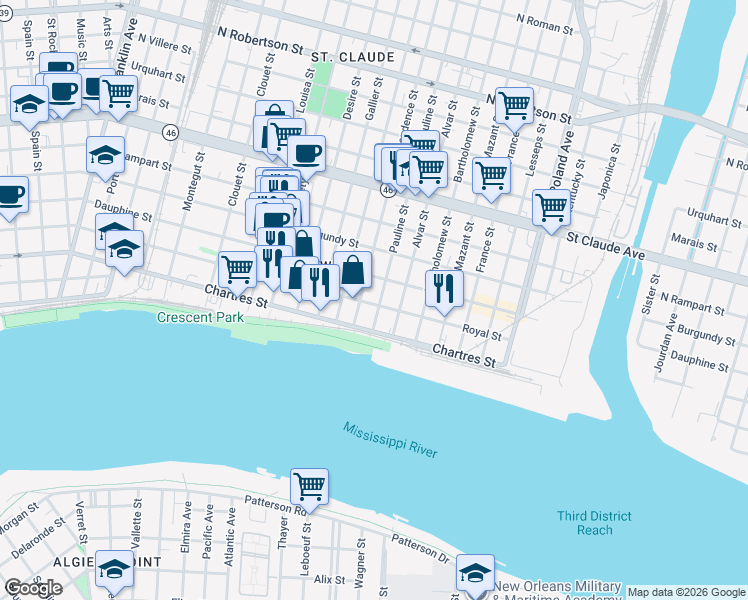 map of restaurants, bars, coffee shops, grocery stores, and more near 715 Independence Street in New Orleans