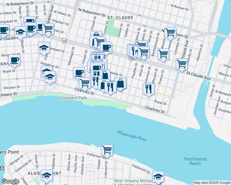 map of restaurants, bars, coffee shops, grocery stores, and more near 3501 Royal Street in New Orleans