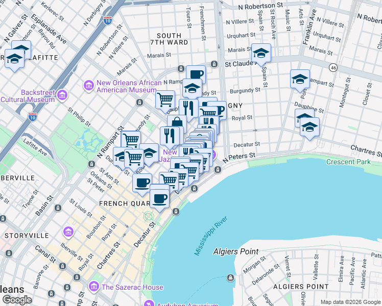 map of restaurants, bars, coffee shops, grocery stores, and more near 623 Barracks Street in New Orleans