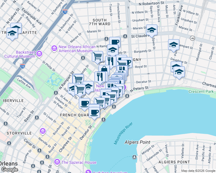 map of restaurants, bars, coffee shops, grocery stores, and more near 623 Barracks Street in New Orleans