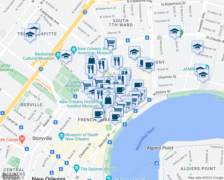 map of restaurants, bars, coffee shops, grocery stores, and more near 825 Ursulines Avenue in New Orleans