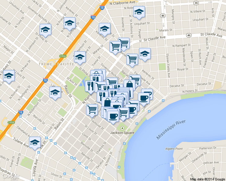 map of restaurants, bars, coffee shops, grocery stores, and more near 1022 Burgundy Street in New Orleans