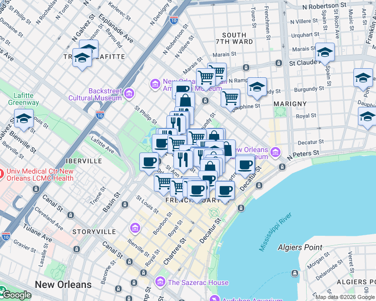 map of restaurants, bars, coffee shops, grocery stores, and more near 1022 Burgundy Street in New Orleans