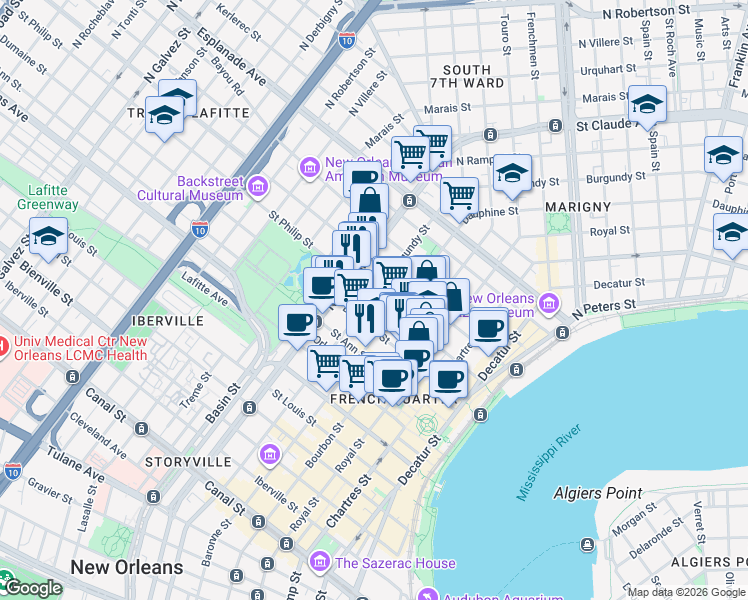 map of restaurants, bars, coffee shops, grocery stores, and more near 1022 Burgundy Street in New Orleans