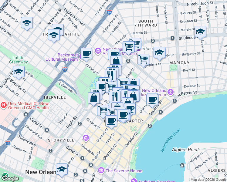 map of restaurants, bars, coffee shops, grocery stores, and more near 1020 Saint Philip Street in New Orleans