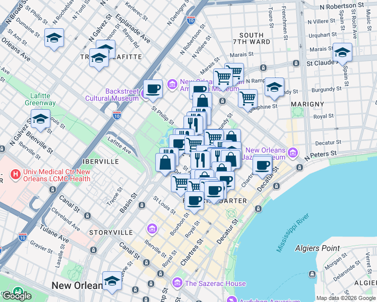 map of restaurants, bars, coffee shops, grocery stores, and more near 1020 Saint Philip Street in New Orleans