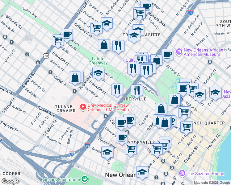 map of restaurants, bars, coffee shops, grocery stores, and more near in New Orleans