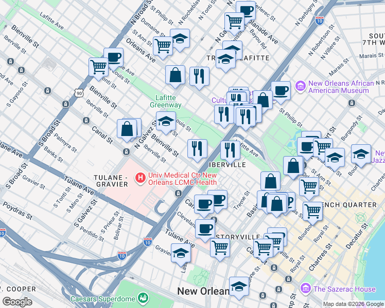 map of restaurants, bars, coffee shops, grocery stores, and more near in New Orleans