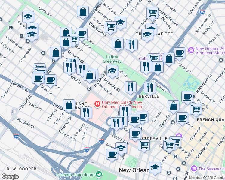 map of restaurants, bars, coffee shops, grocery stores, and more near 2010 Bienville Street in New Orleans