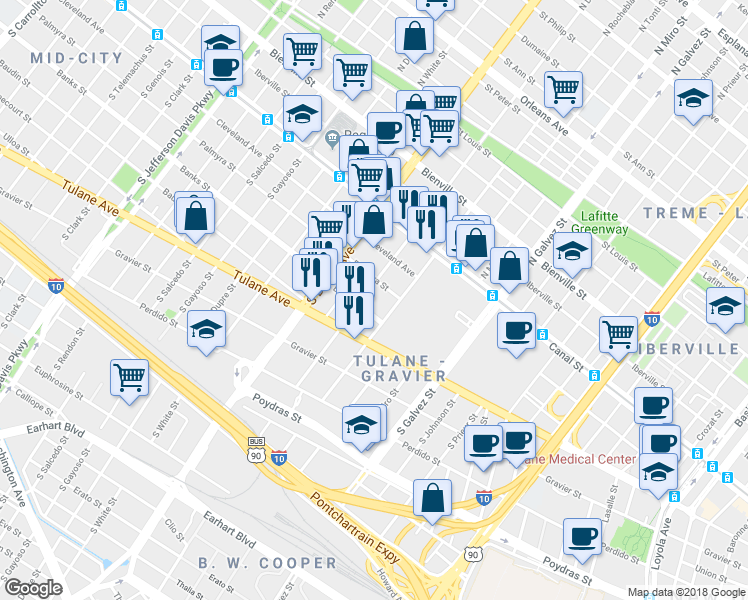 map of restaurants, bars, coffee shops, grocery stores, and more near 2525 Palmyra Street in New Orleans