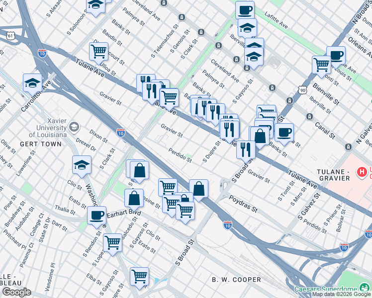 map of restaurants, bars, coffee shops, grocery stores, and more near 3024 Gravier Street in New Orleans