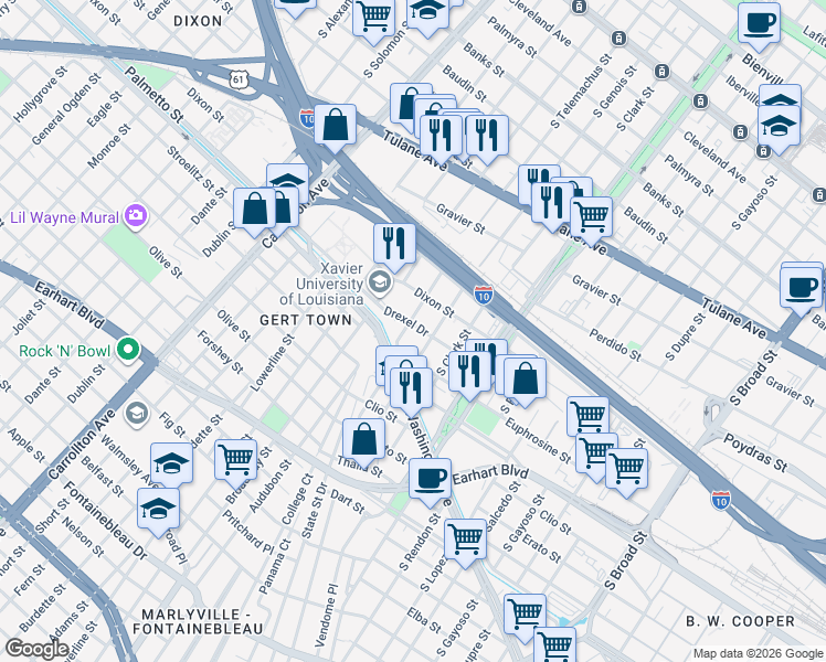 map of restaurants, bars, coffee shops, grocery stores, and more near 1001 South Telemachus Street in New Orleans