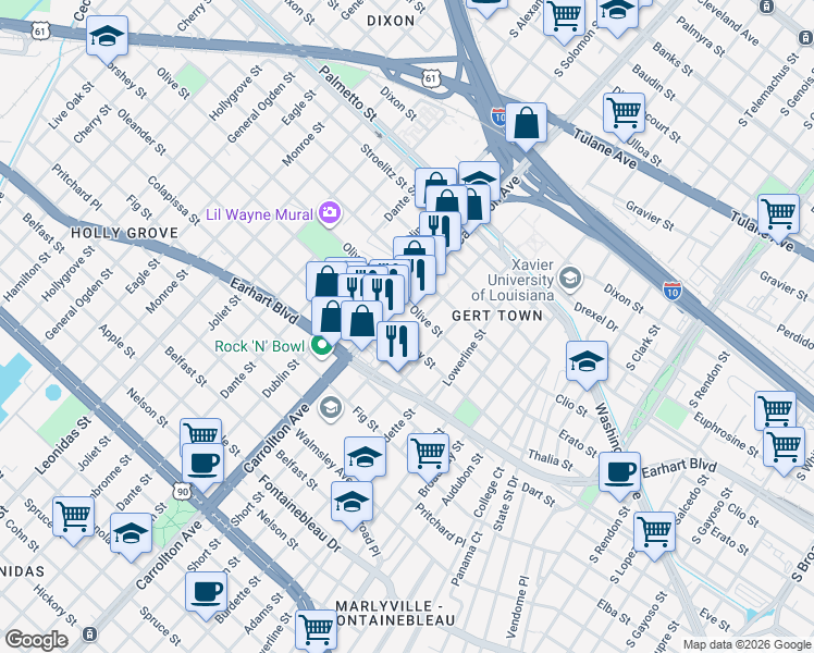 map of restaurants, bars, coffee shops, grocery stores, and more near 8020 Olive Street in New Orleans