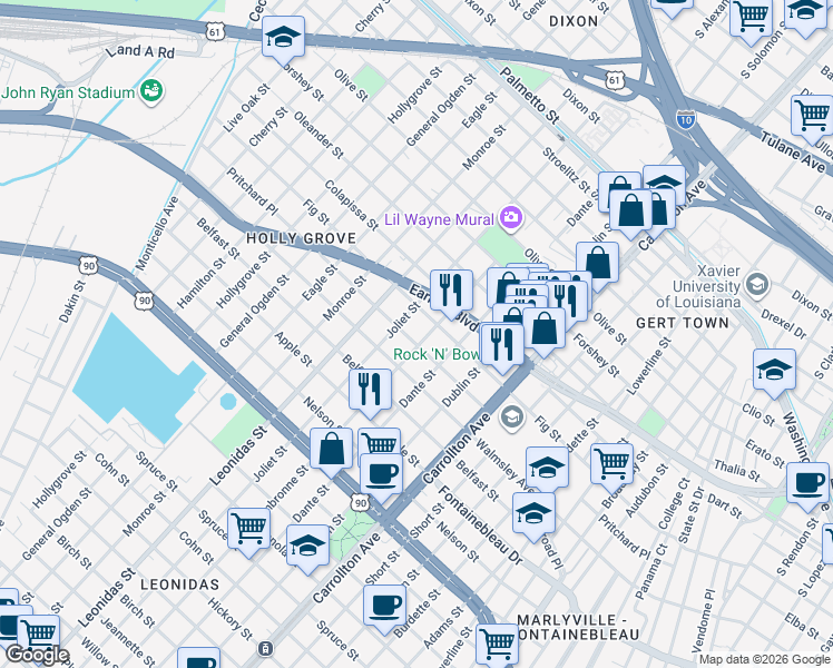 map of restaurants, bars, coffee shops, grocery stores, and more near 8501 Pritchard Place in New Orleans