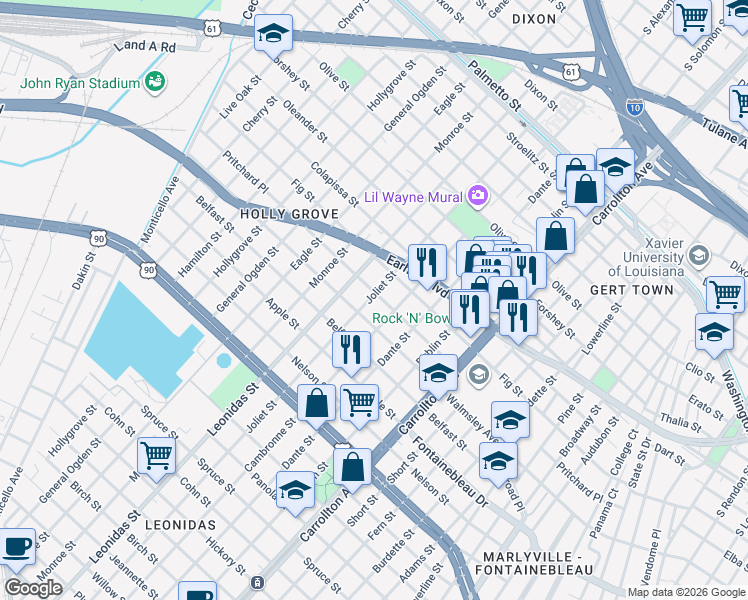 map of restaurants, bars, coffee shops, grocery stores, and more near 8501 Pritchard Place in New Orleans