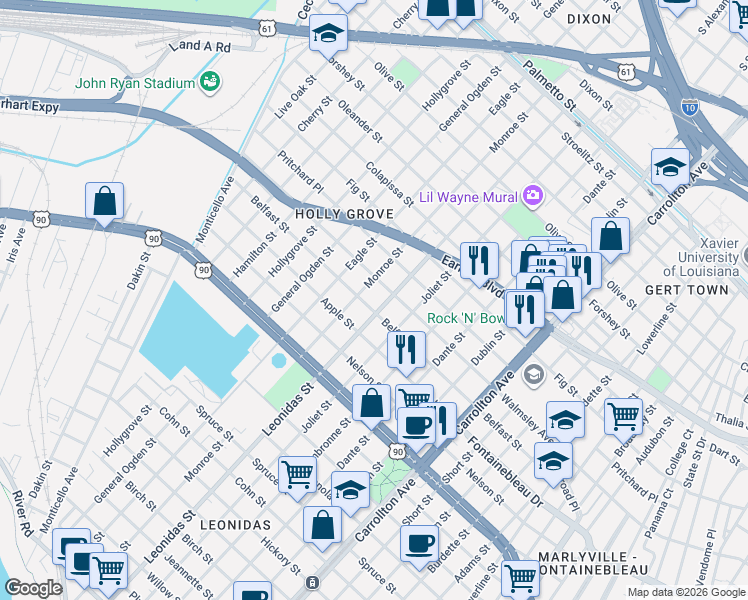 map of restaurants, bars, coffee shops, grocery stores, and more near 8701 Belfast Street in New Orleans