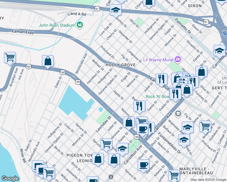 map of restaurants, bars, coffee shops, grocery stores, and more near 2610 Eagle Street in New Orleans