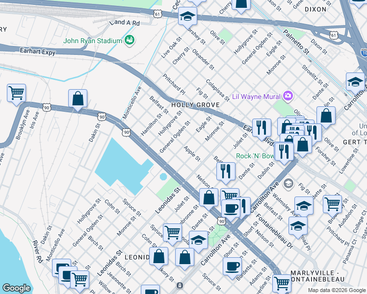 map of restaurants, bars, coffee shops, grocery stores, and more near 2610 Eagle Street in New Orleans