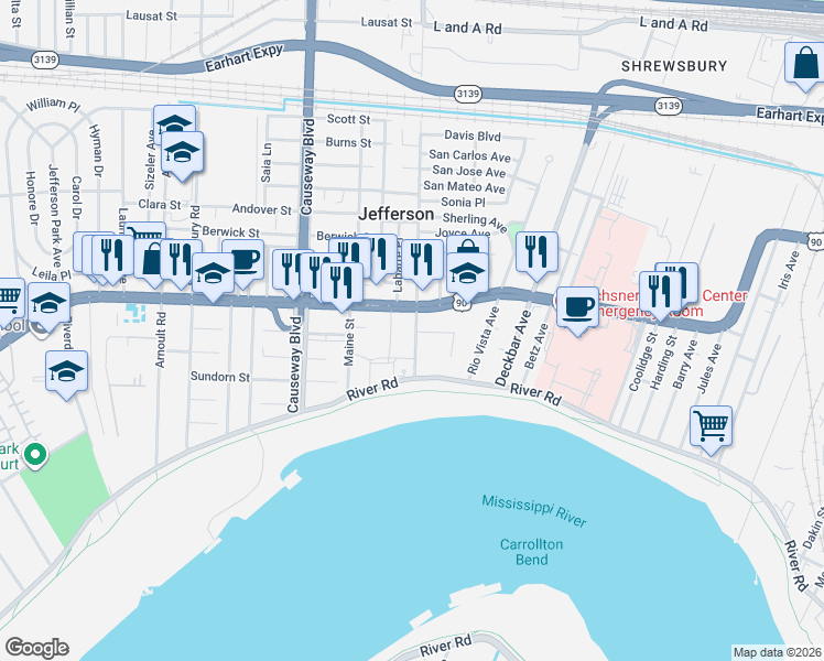 map of restaurants, bars, coffee shops, grocery stores, and more near 400 South Labarre Road in Jefferson