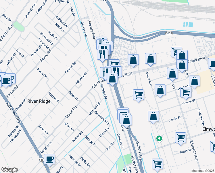 map of restaurants, bars, coffee shops, grocery stores, and more near 1640 Hickory Avenue in Harahan