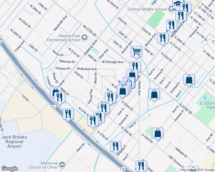 map of restaurants, bars, coffee shops, grocery stores, and more near 3119 Youmans Drive in Nederland