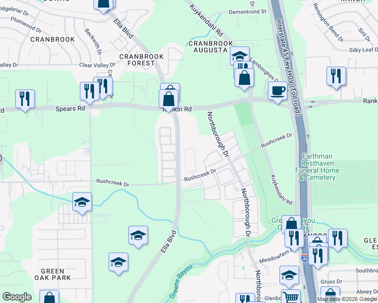 map of restaurants, bars, coffee shops, grocery stores, and more near 734 North Ella Creek Drive in Houston