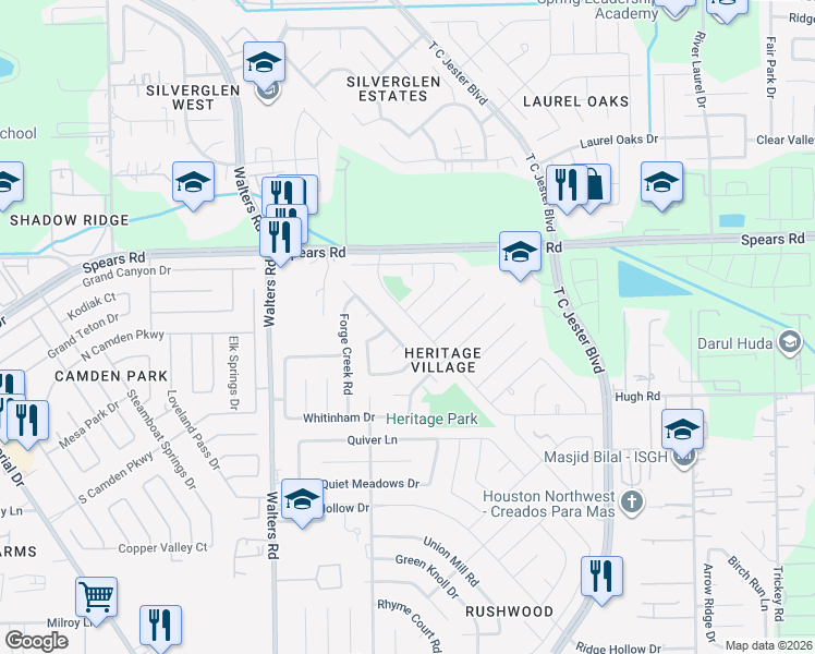 map of restaurants, bars, coffee shops, grocery stores, and more near 12163 Swords Creek Road in Houston