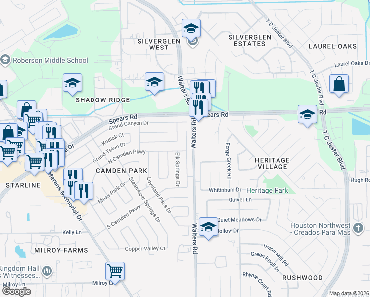 map of restaurants, bars, coffee shops, grocery stores, and more near 12002 Elk Springs Drive in Houston