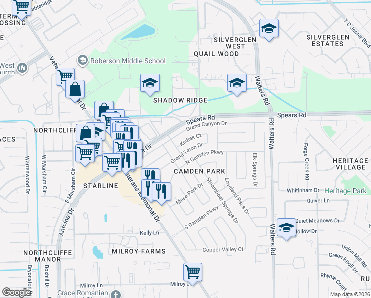 map of restaurants, bars, coffee shops, grocery stores, and more near 2619 Grand Teton Drive in Houston