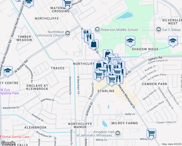 map of restaurants, bars, coffee shops, grocery stores, and more near 12215 East Marsham Circle in Houston