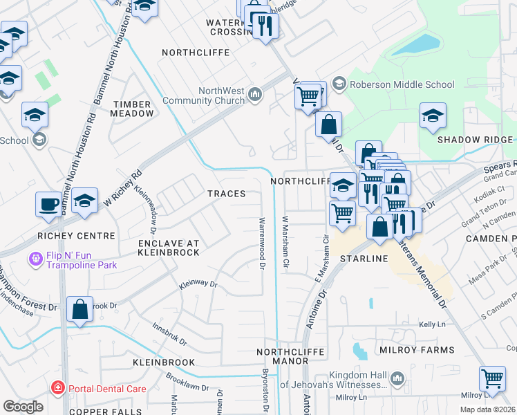 map of restaurants, bars, coffee shops, grocery stores, and more near 4326 Trace Mill Court in Houston