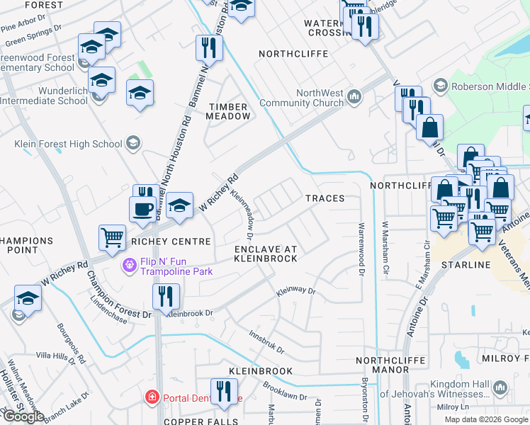 map of restaurants, bars, coffee shops, grocery stores, and more near 12614 Arbor Trellis Drive in Houston