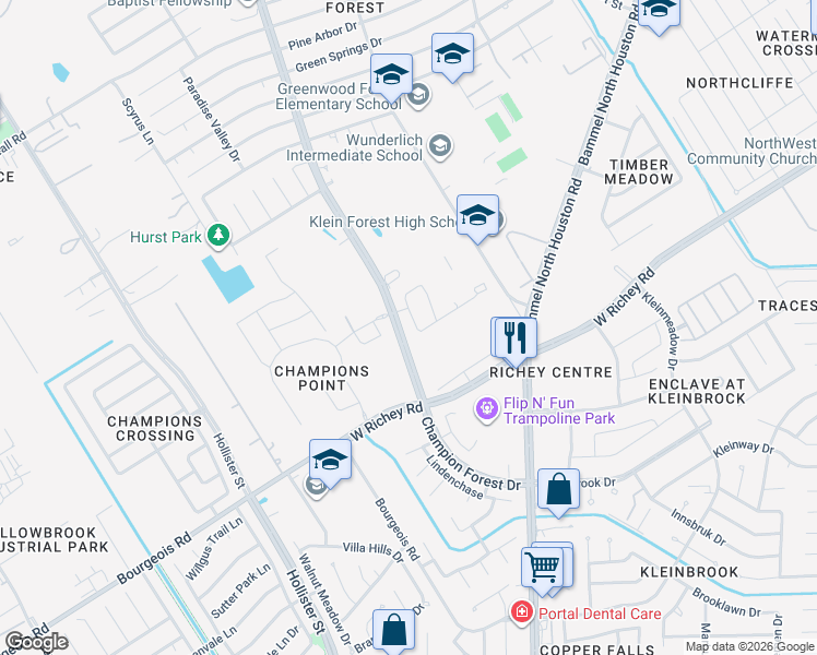 map of restaurants, bars, coffee shops, grocery stores, and more near 11727 Champions Grove Lane in Houston