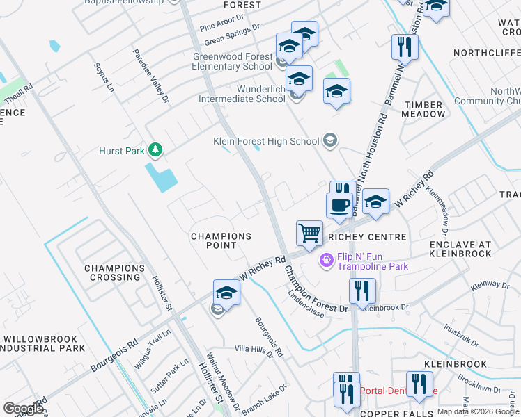 map of restaurants, bars, coffee shops, grocery stores, and more near 11727 Champions Grove Lane in Houston