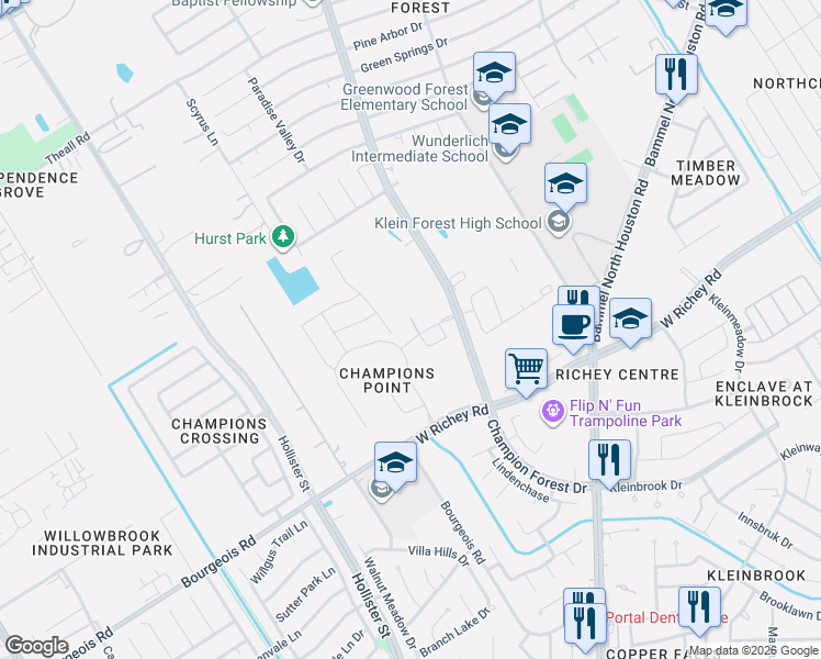 map of restaurants, bars, coffee shops, grocery stores, and more near 11803-11823 Champion Forest Drive in Houston