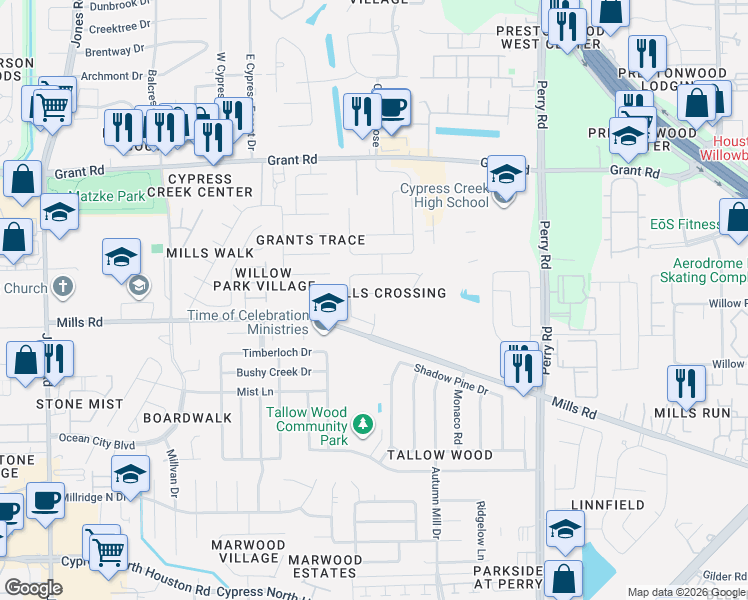 map of restaurants, bars, coffee shops, grocery stores, and more near 10306 Mills Pass Drive in Houston